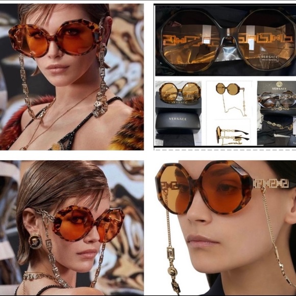VERSACE RUNWAY HAVANA FRAMES WITH GOLD- TONE DETACHABLE CHAIN SUNGLASSES - Picture 14 of 16